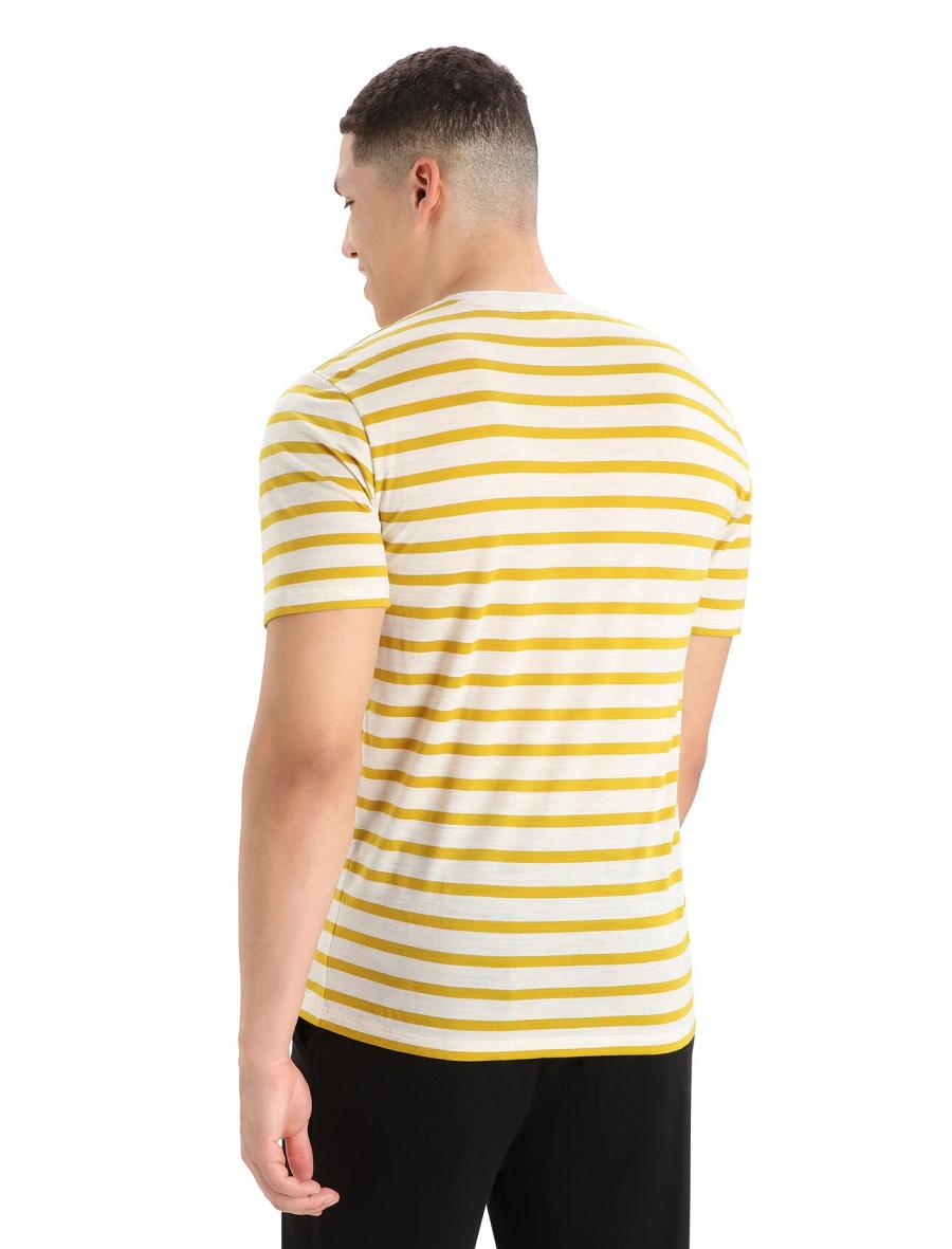 Ecru Heather / Silent Gold Icebreaker Merino Drayden Short Sleeve Stripe Men's T Shirts | AU 1185QMAZ